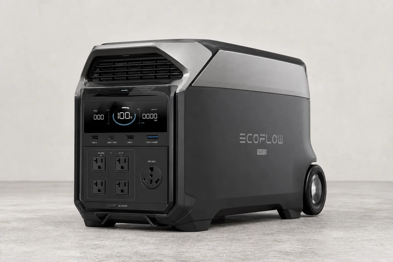 Collection of portable power stations from compact to large capacity models on concrete