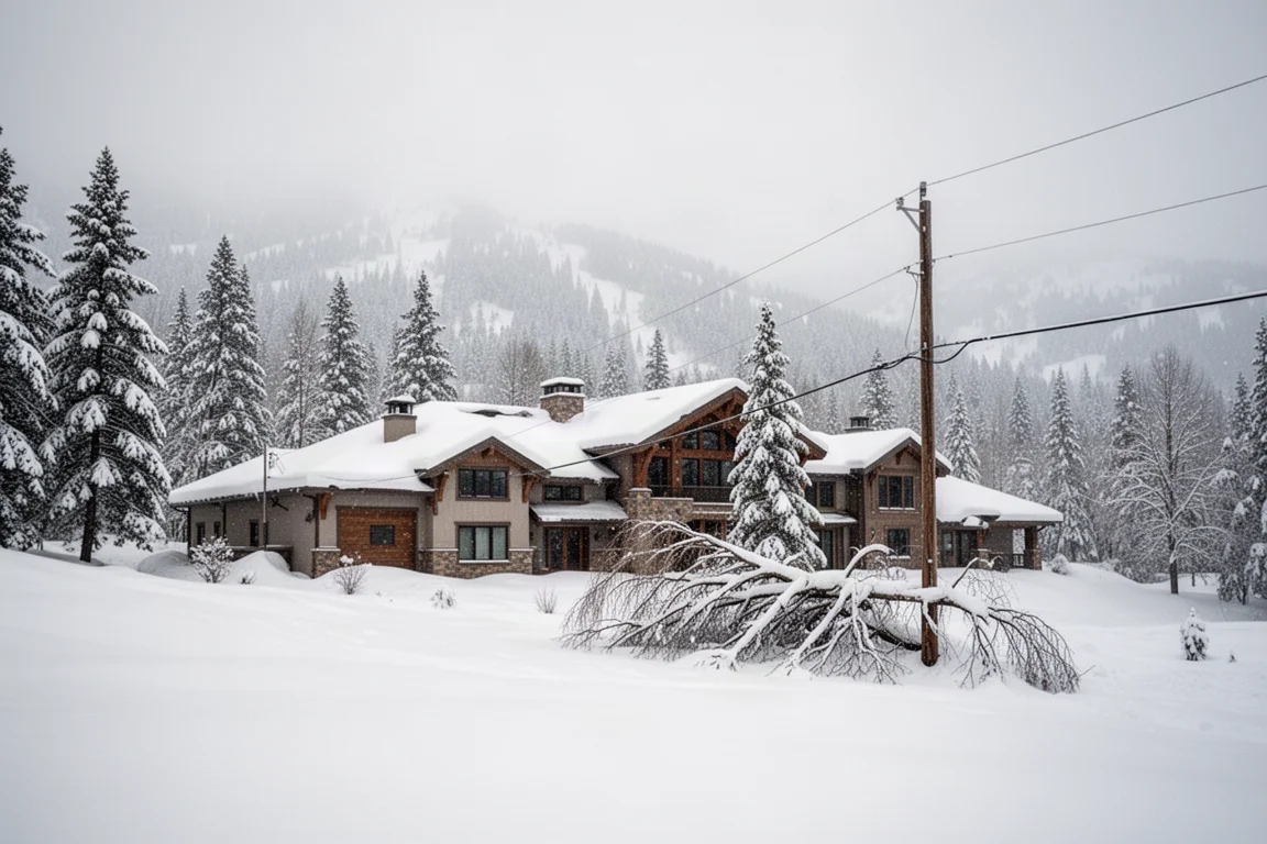 冬季暴風雪後,積雪覆蓋的房屋,散落斷裂樹枝與電線