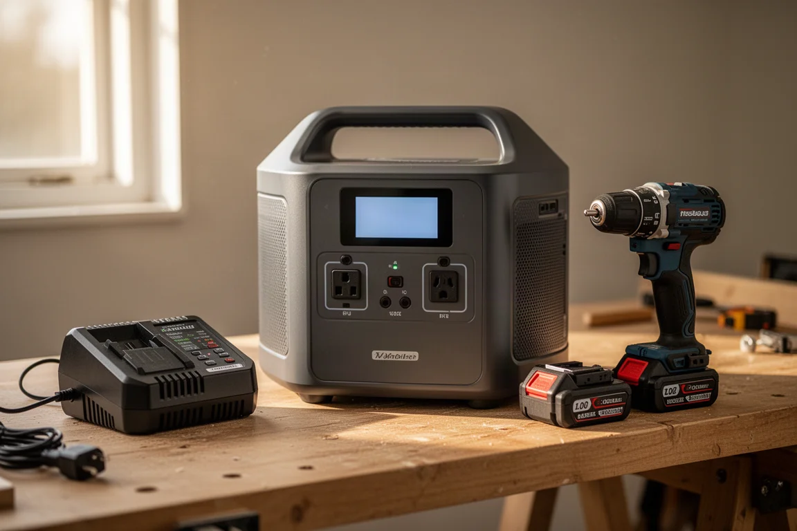 Draagbare powerstation op een werkbank met LCD-display dat het laadniveau toont