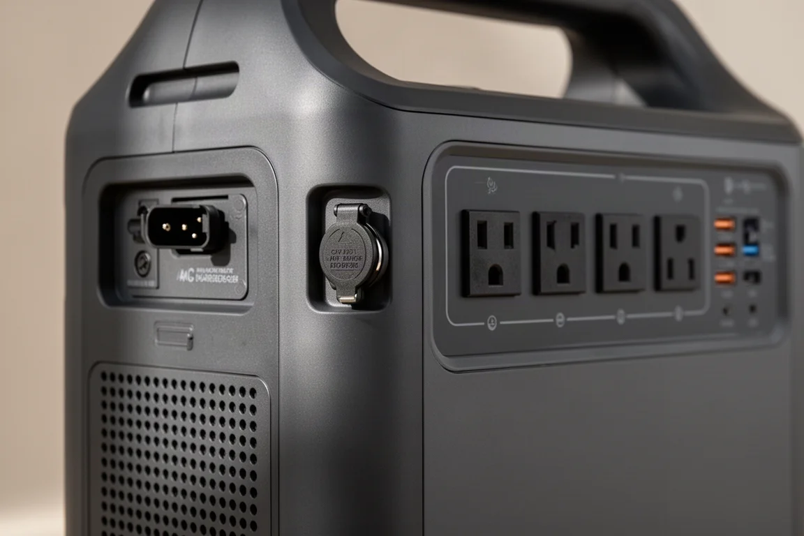Bedieningspaneel van powerstation met AC-uitgangen en USB-poorten in zacht binnenlicht