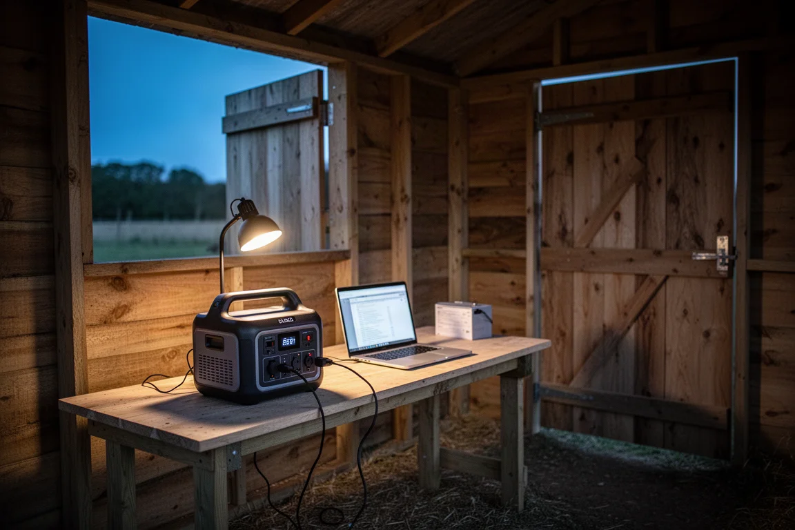 Draagbare powerstation in een off-grid schuur die een lamp en laptop van stroom voorziet