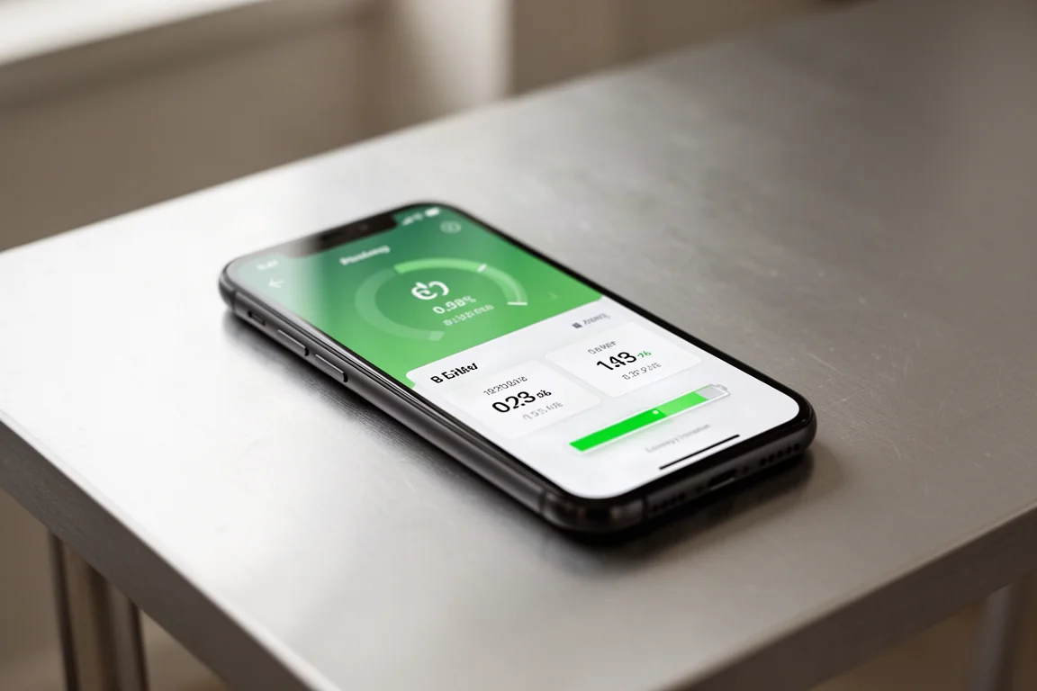 Smartphone zeigt eine Smart-Home-App-Oberfläche auf einem Schreibtisch