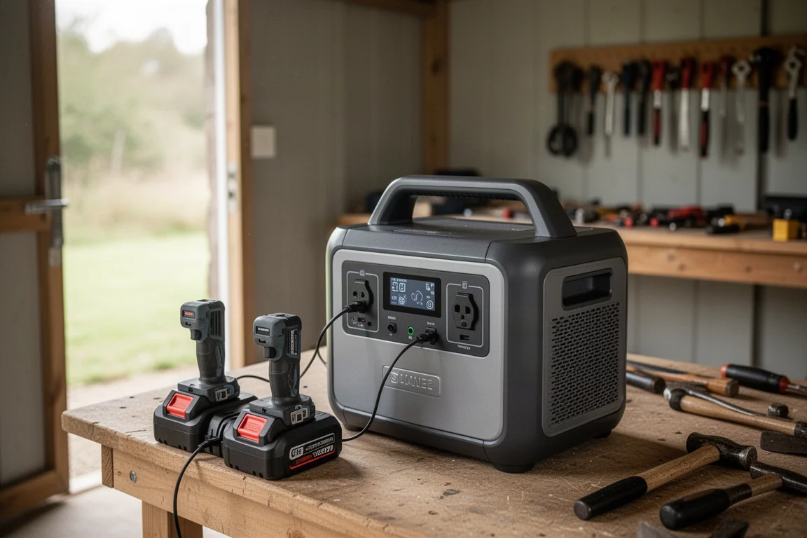 Powerstation lädt Akku-Werkzeuge in einem stillen Off-Grid-Arbeitsbereich