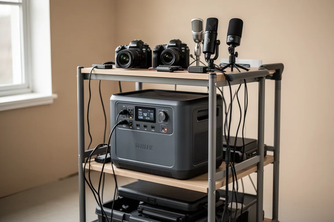 Portable power station on a rolling utility cart powering camera gear in a studio