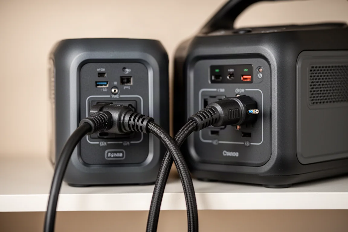 Close-up of a heavy-duty expansion battery cable connecting two power station units