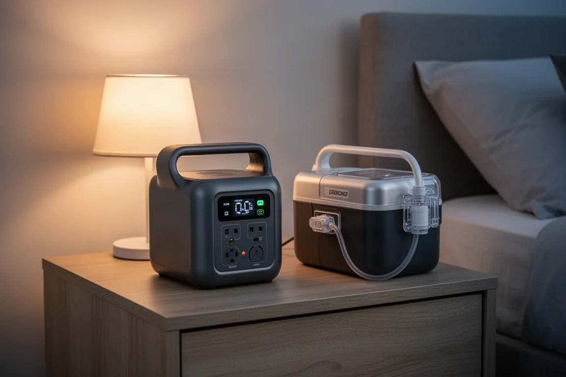CPAP machine and compact power station on a bedside table at night