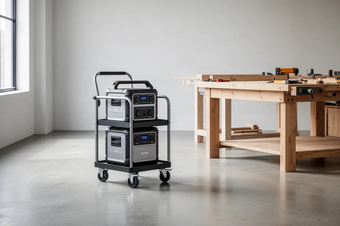 Rolling power cart wheeled across a workshop floor toward a workbench