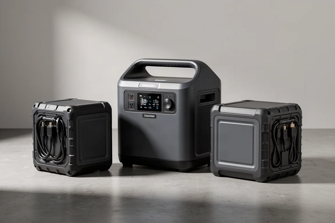 Three EcoFlow power stations lined up on a matte concrete studio floor