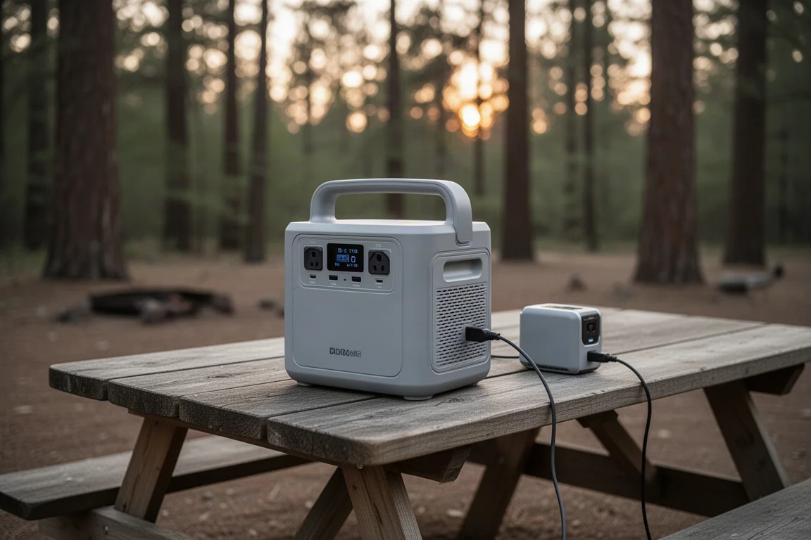 Estación de energía portátil compacta sobre una mesa de campamento junto a un pequeño electrodoméstico