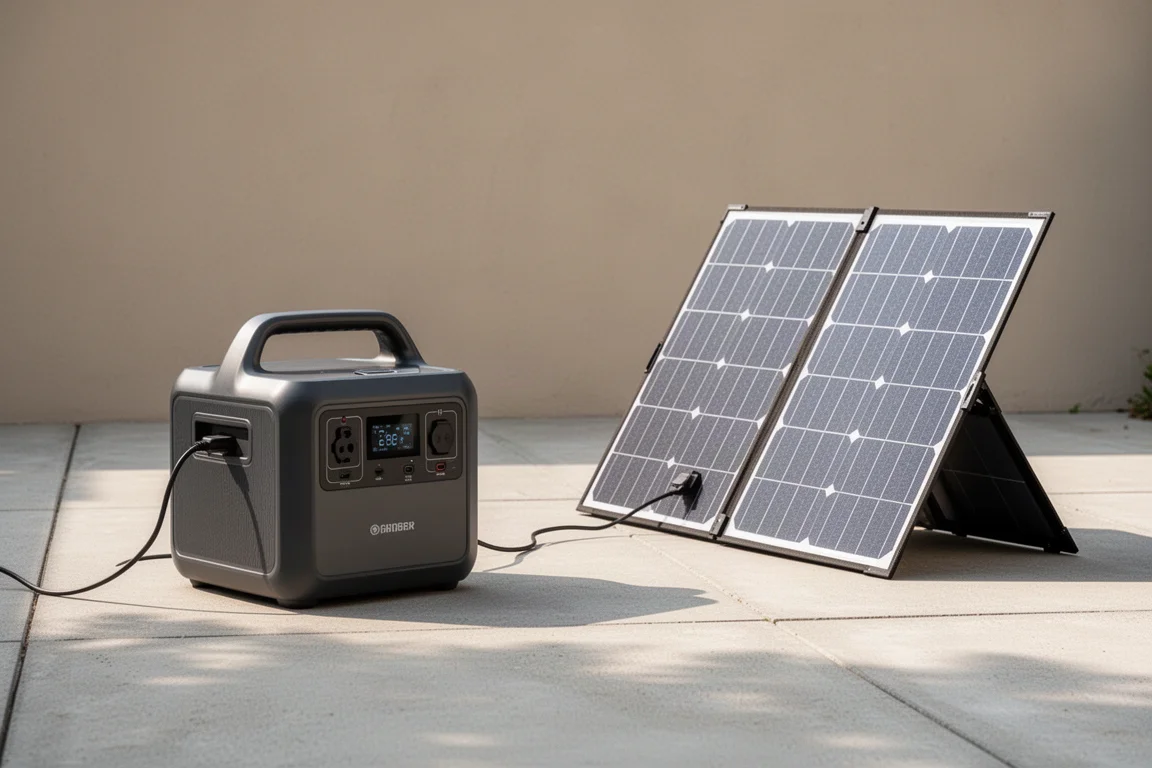 Estación de energía de mayor tamaño cargándose con un panel solar portátil en exteriores
