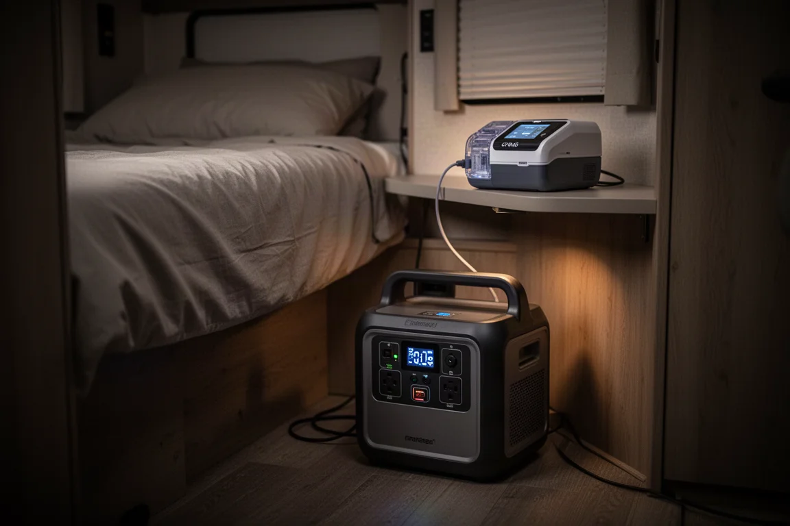 Estación de energía alimentando una máquina CPAP en un dormitorio de autocaravana oscuro por la noche