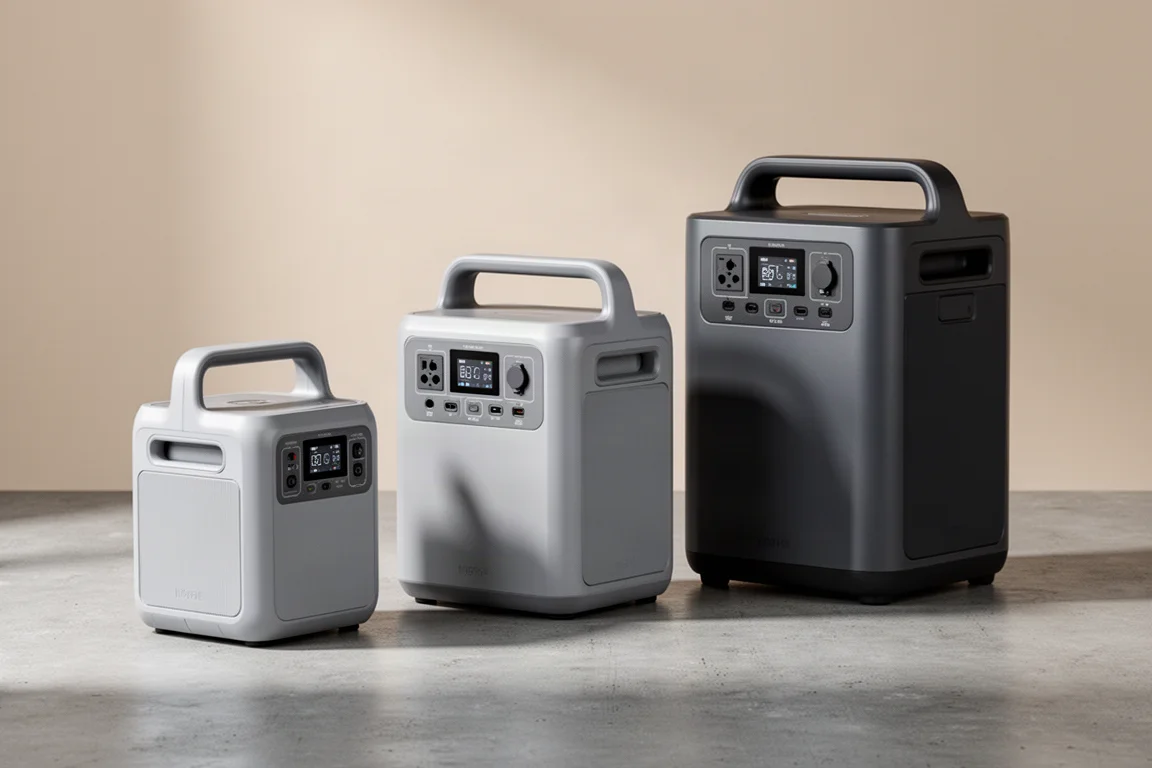 Three EcoFlow portable power stations of increasing size arranged on a concrete surface