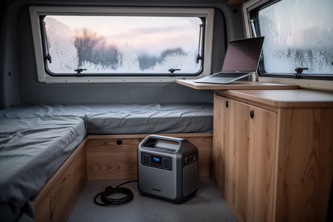 Campervan-Innenraum im Morgenlicht mit Laptop, Kameratasche und Becher auf einer Holztheke