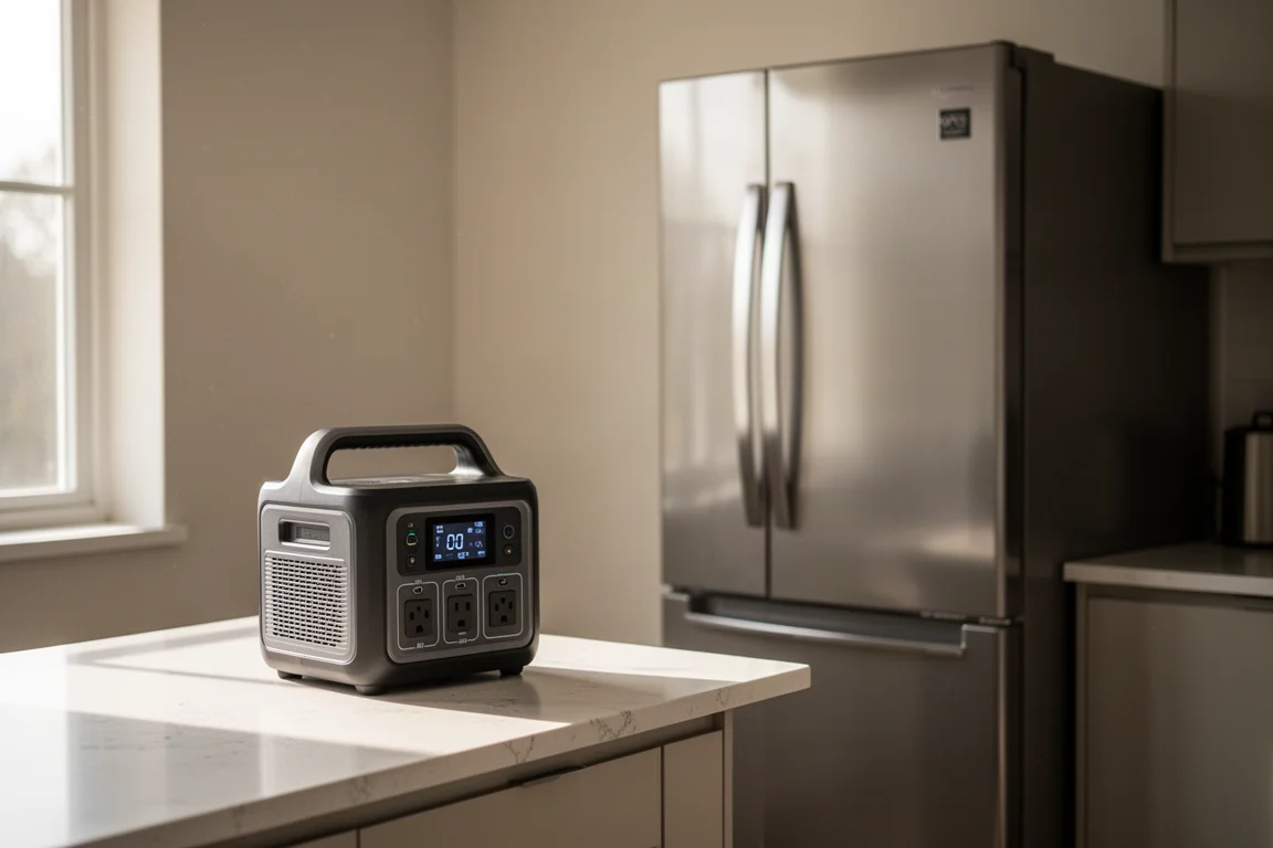 Compact power station sitting on a kitchen counter next to a refrigerator