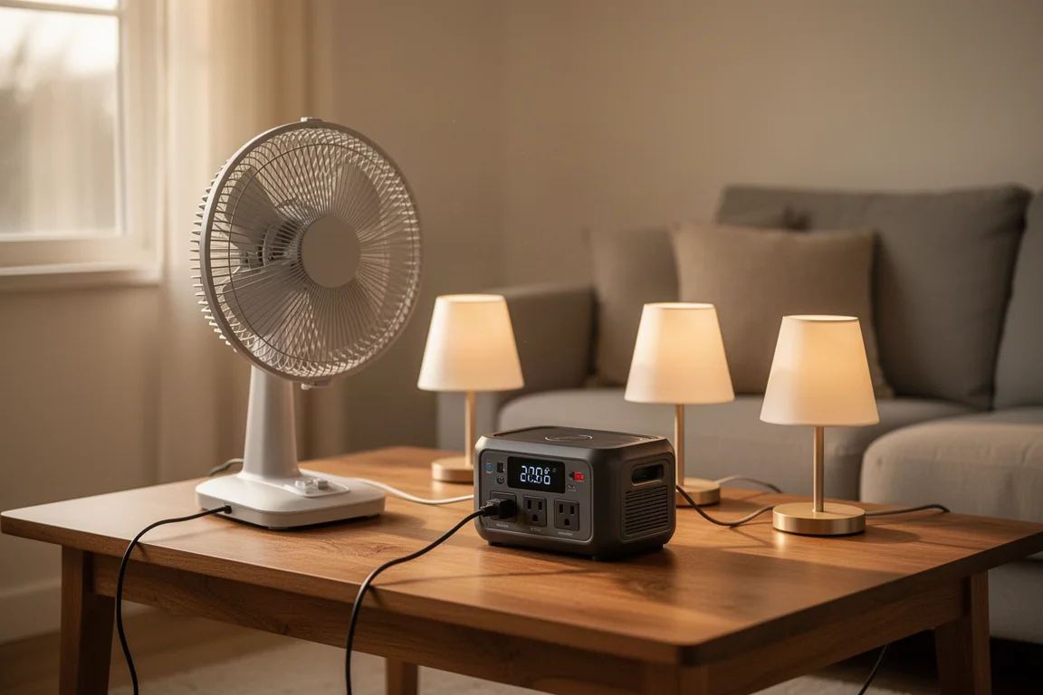 Fan and household lamps plugged into a power station on a table
