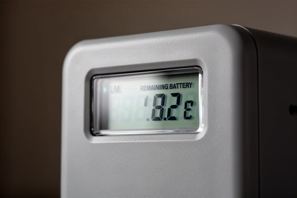Close-up of a power station display panel showing remaining battery percentage