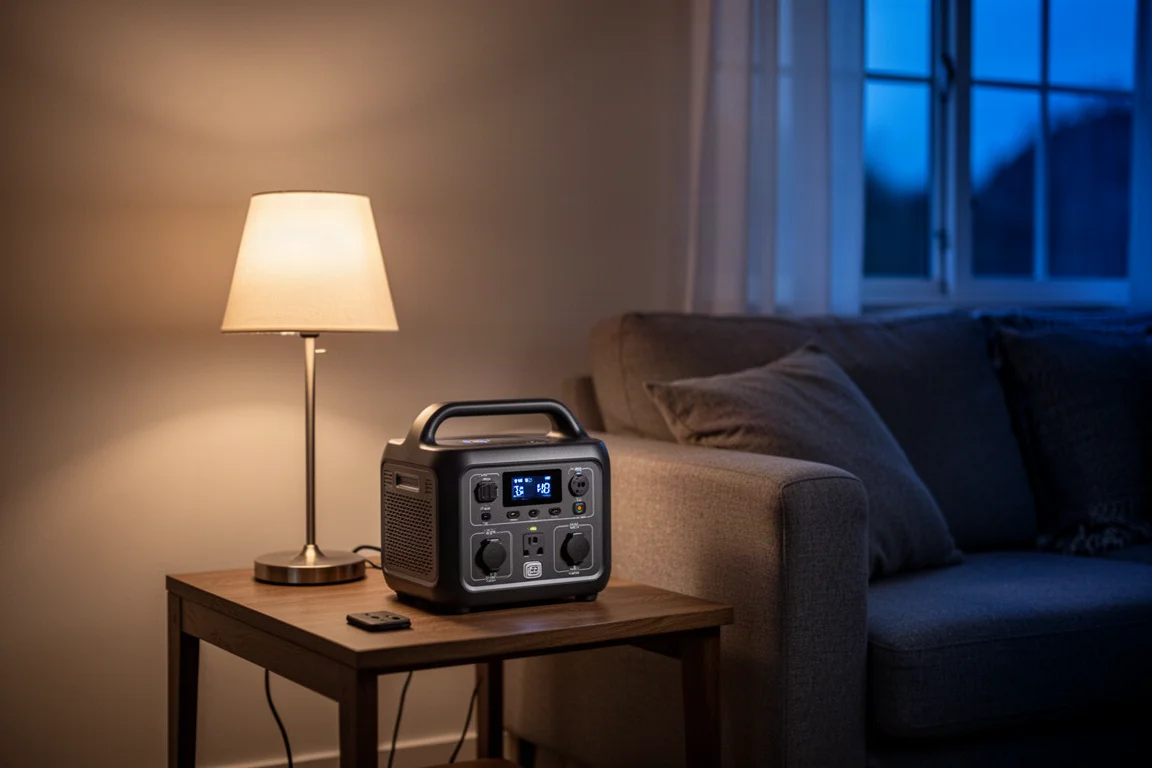 Power station on a table during an evening power outage with a lamp lit nearby