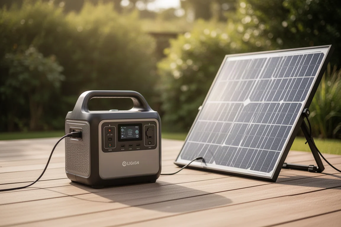可攜式行動電源在戶外白天由太陽能板充電中
