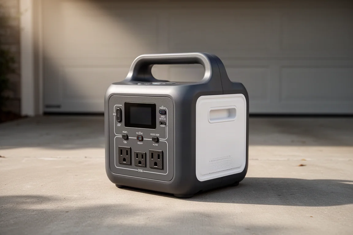 Compact portable power station on a concrete garage floor in soft light