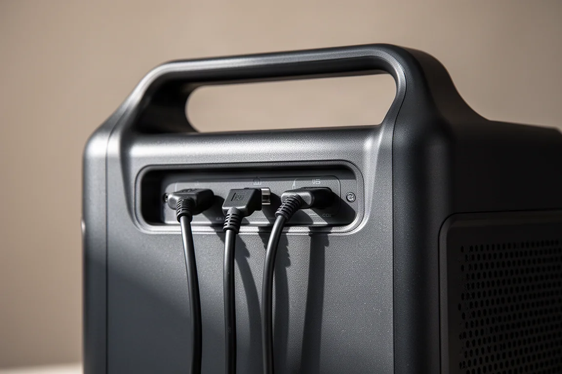 Nahaufnahme des Anschlusspanels einer Powerstation mit AC-Ports und einem USB-C-Port