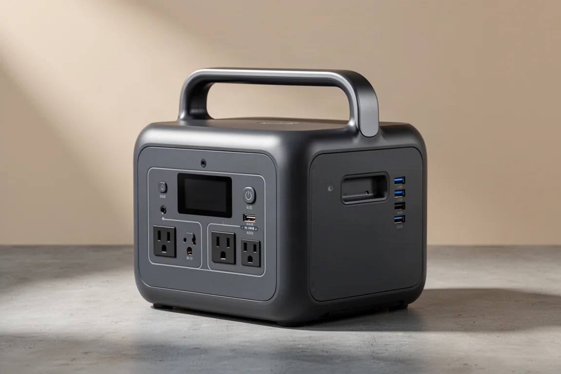 Compact portable power station with carrying handle and front ports on a concrete surface