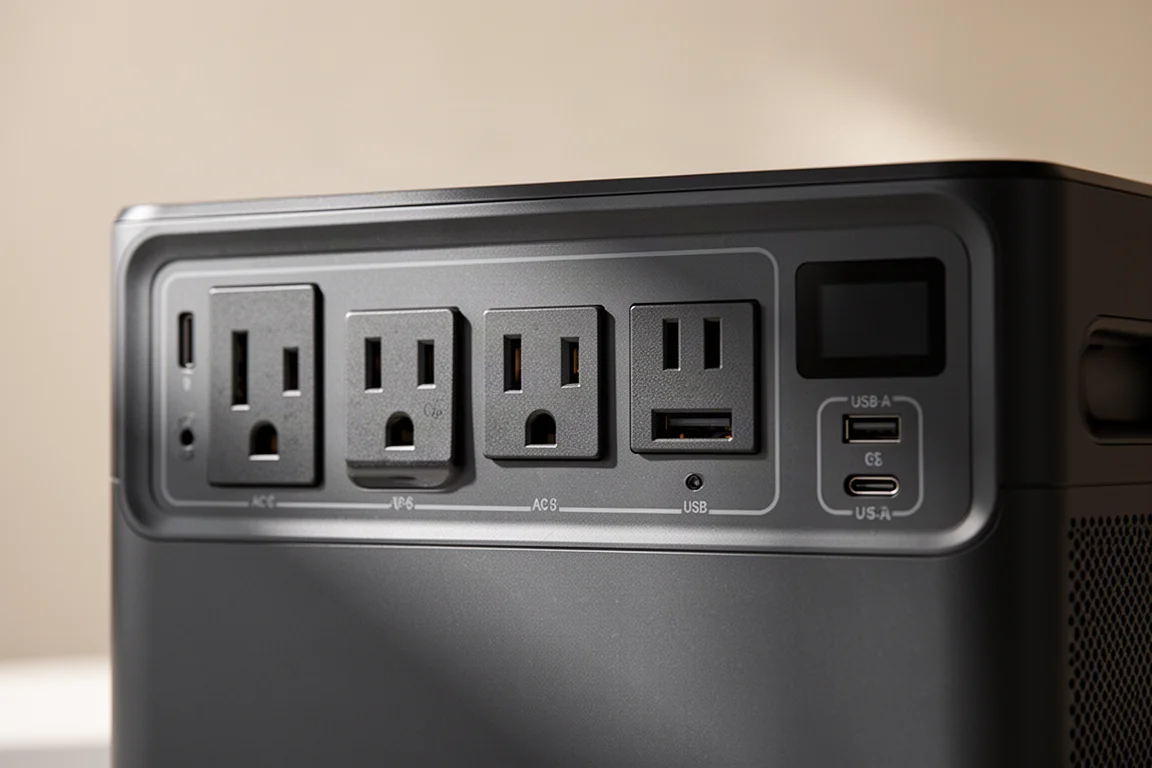 Primer plano del panel frontal de una central eléctrica portátil con tomas de corriente en orientaciones alternadas