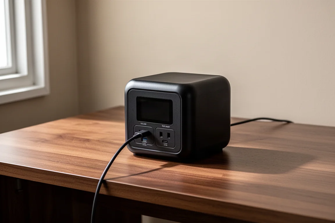 Central eléctrica portátil compacta sobre un escritorio de madera con un cable USB-C conectado