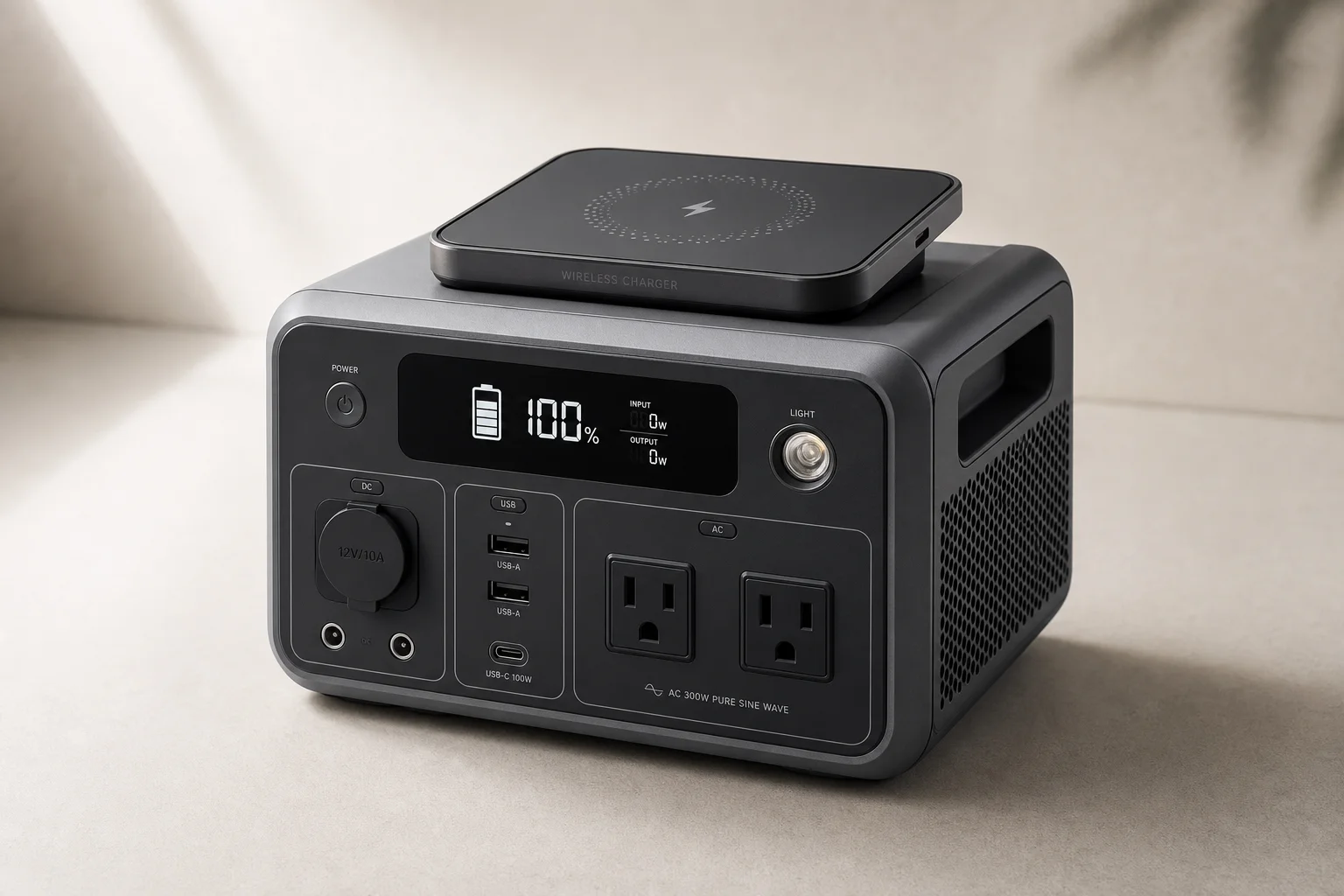 Nine portable power stations arranged by size from compact to large on concrete surface