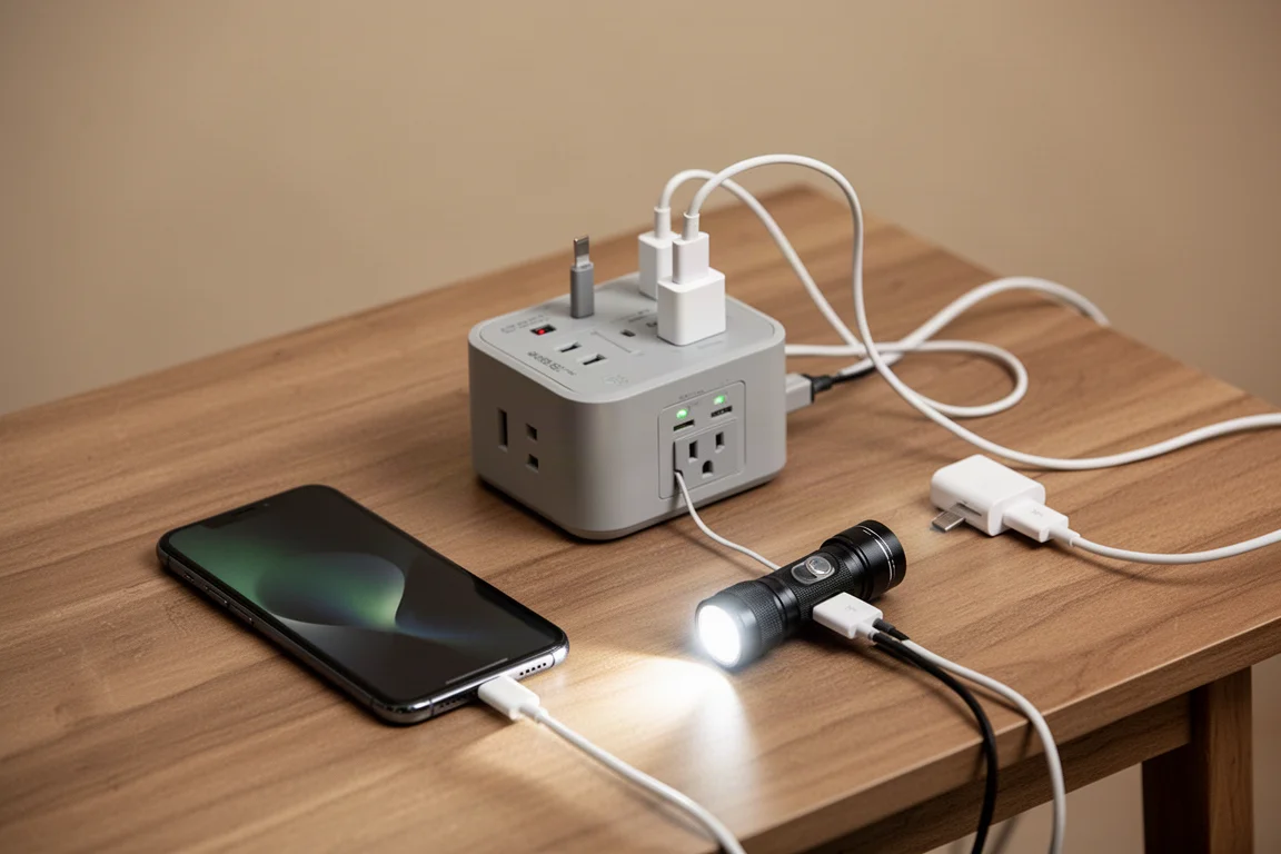 Central eléctrica cargando pequeños dispositivos, incluyendo un teléfono y una luz LED