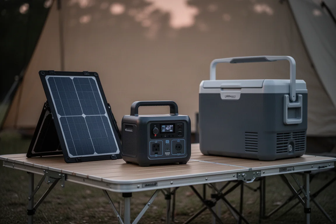 Mesa de acampada al atardecer con central eléctrica, panel solar y nevera portátil