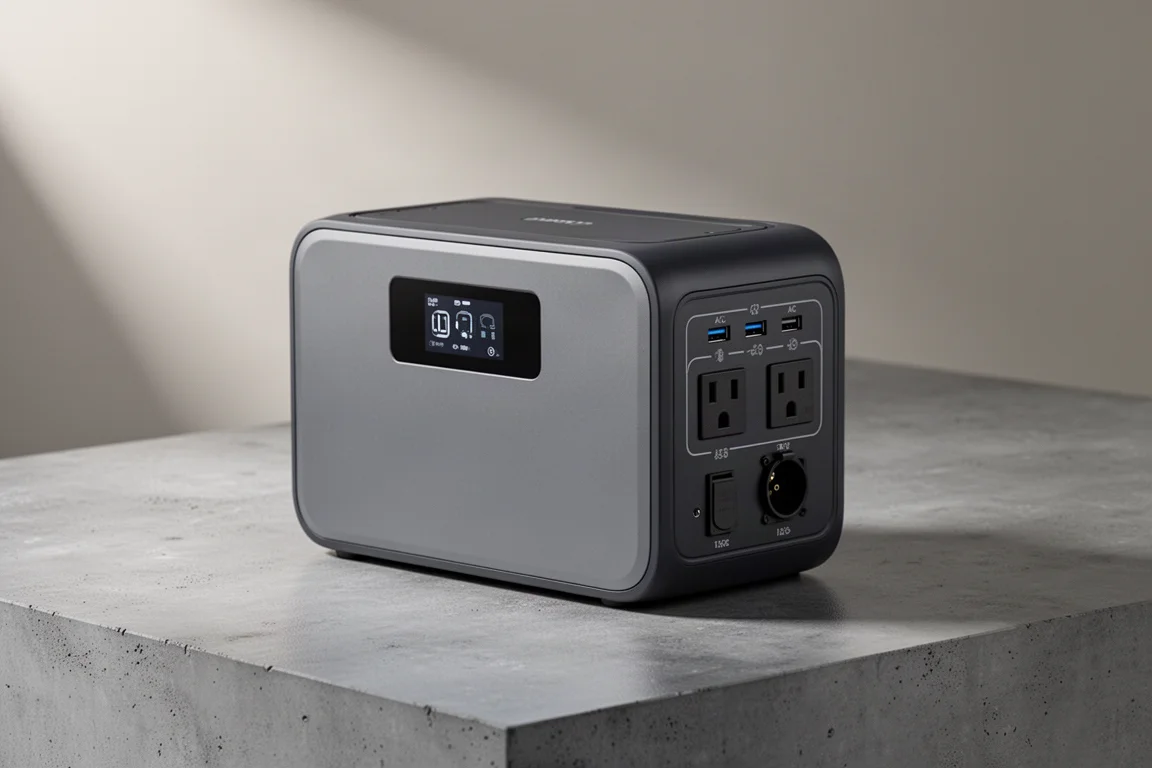 Compact grey portable power station on a concrete surface