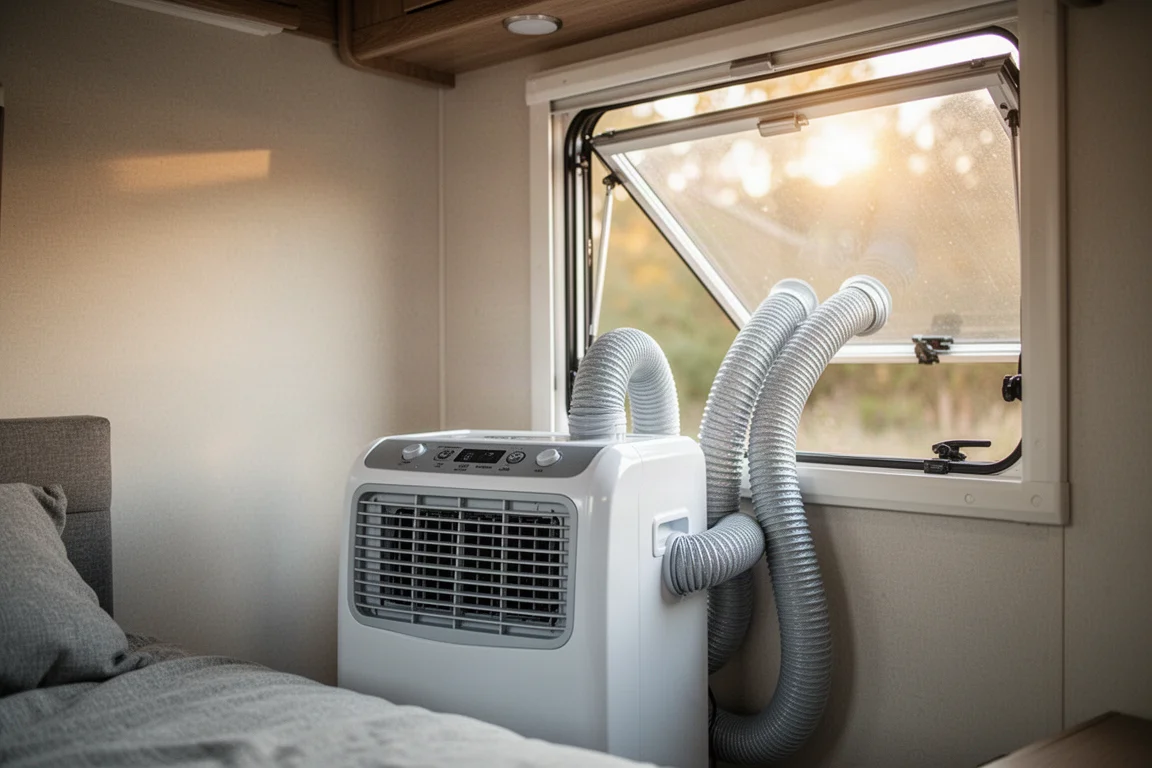 Tragbare Klimaanlage in einem Wohnmobil aufgestellt, mit Abluftschläuchen zum Fenster