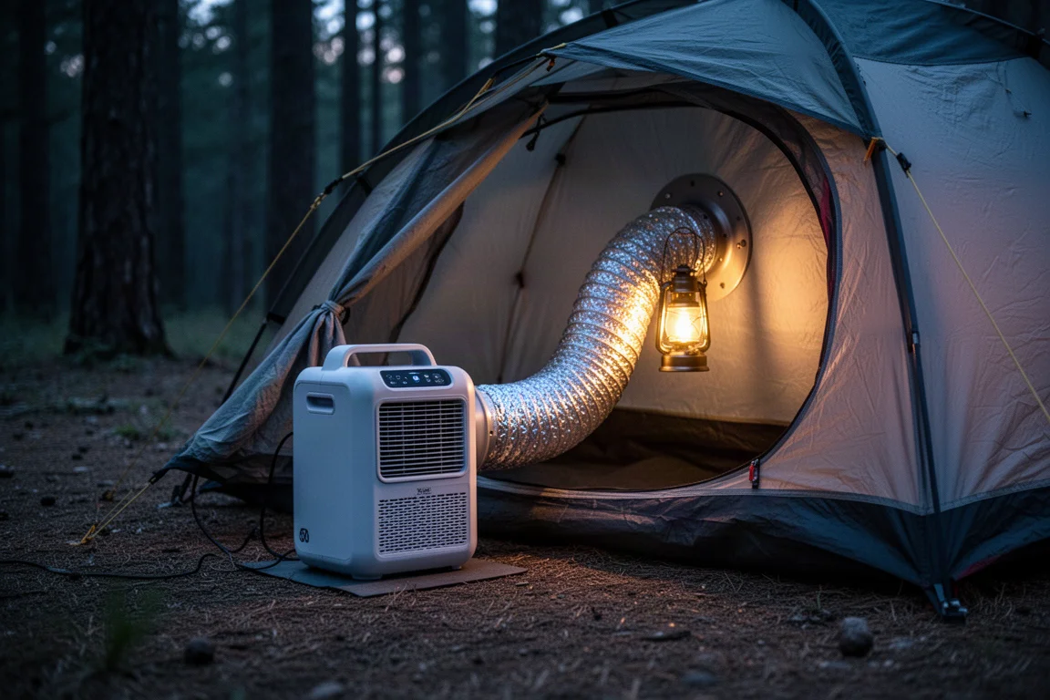 Tragbares Klimagerät im Zeltvorraum, das gekühlte Luft in ein Campingzelt bläst