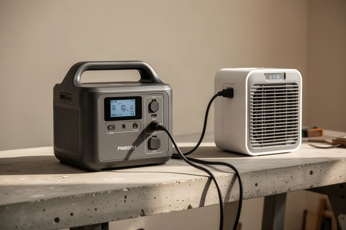 Tragbare Powerstation auf einer Werkbank, per Kabel mit einem Klimagerät verbunden