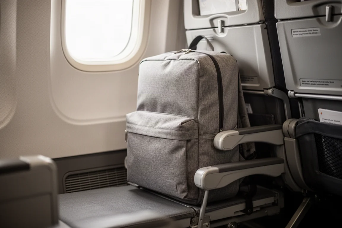 Travel backpack onder een vliegtuigstoel geplaatst, naast een raam