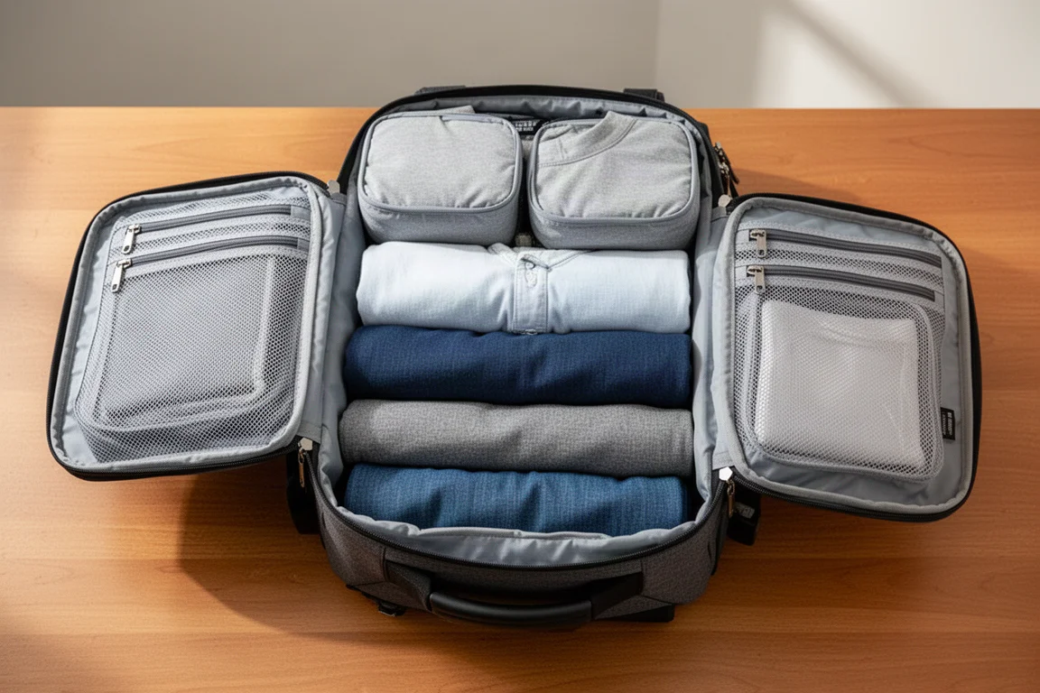 Open clamshell-rugzak met gevulde hoofdbewaring en mesh zakken