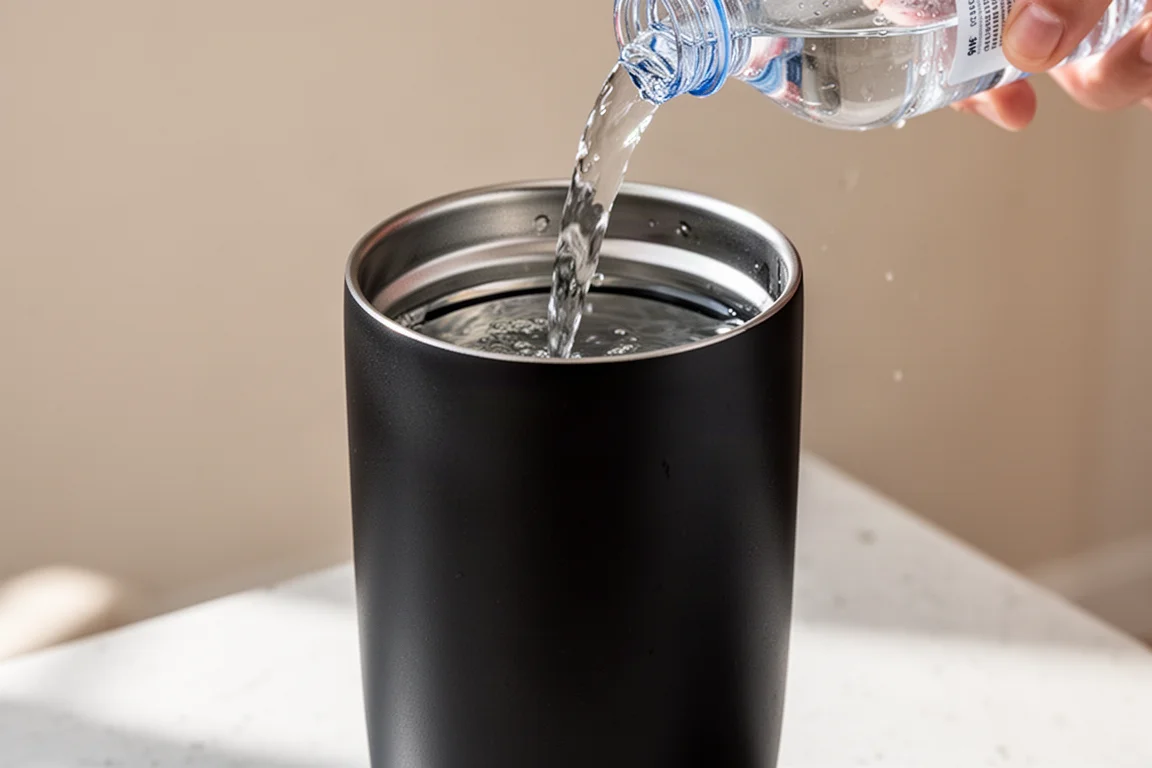 Koffieapparaat ter grootte van een tumbler wordt gevuld met water tot de vullijn