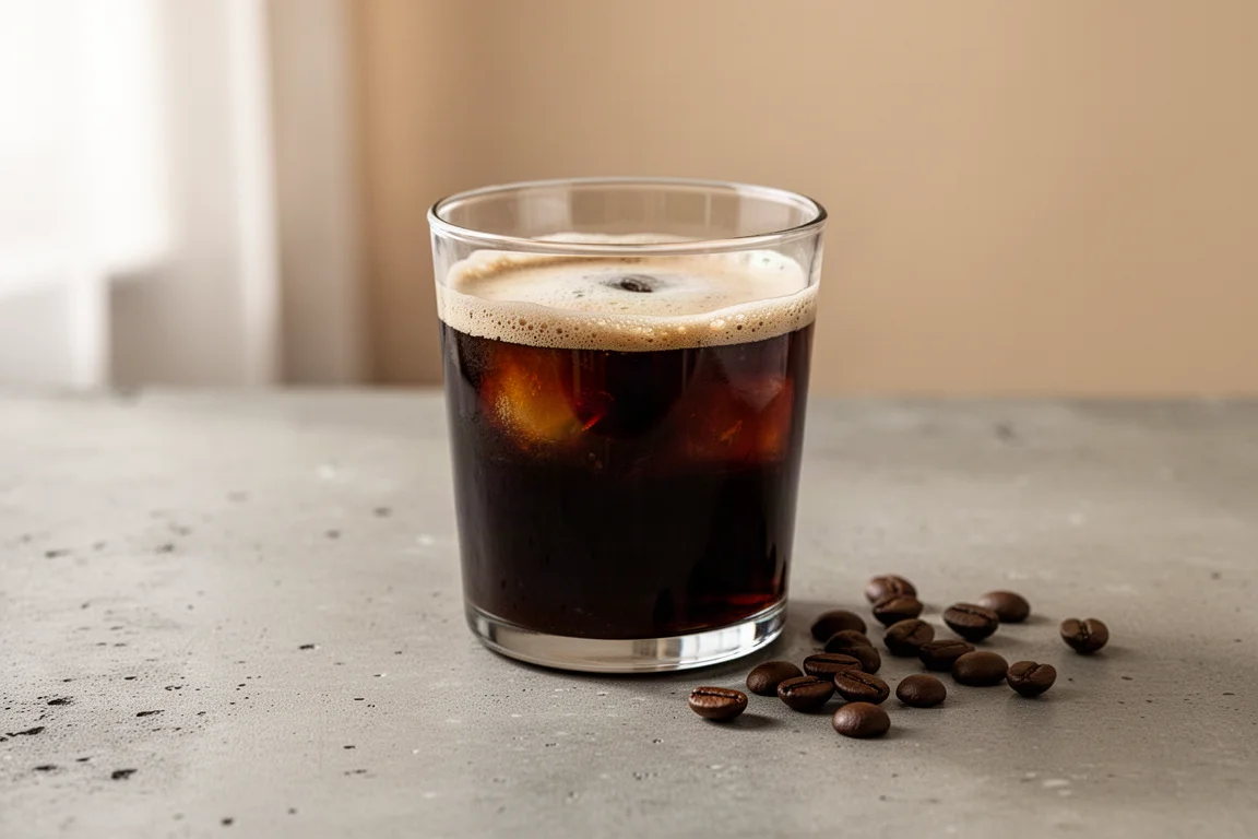 Glas versgemaakte cold brew met licht schuimlaagje op een bureau