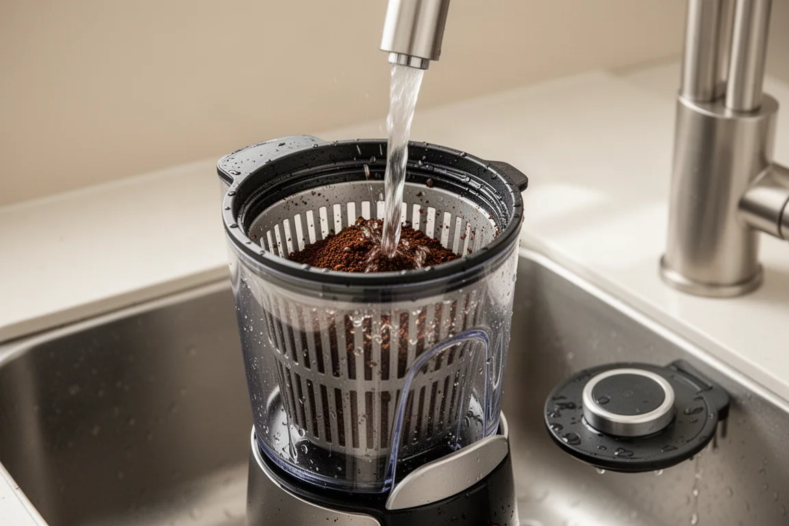 Koffiegrutten uit de tumbler spoelen bij een keukengootsteen