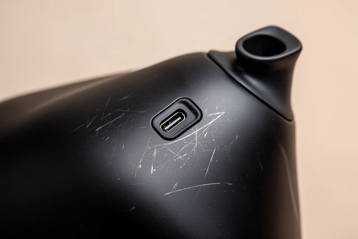 Close-up van de afdekking van de USB-C-poort aan de zijkant van een tumbler
