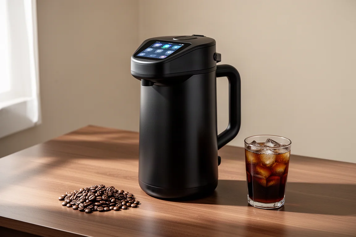 Cafeteira estilo copo térmico preto fosco com tela touch ao lado de grãos de café e um copo de cold brew