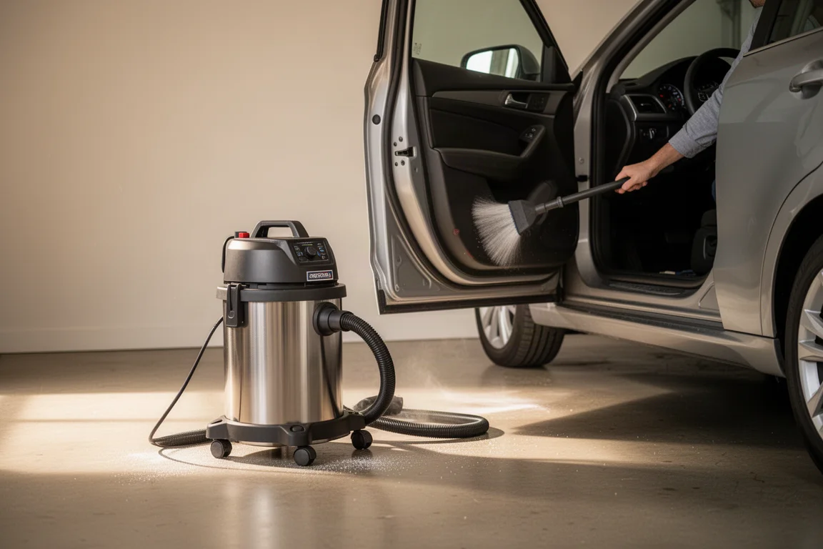 Compact shop vacuum on a garage floor next to a parked car with the door open