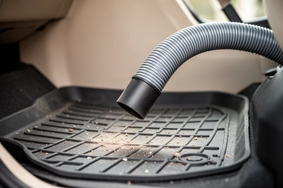Corrugated vacuum hose end held near a car floor mat during interior cleaning