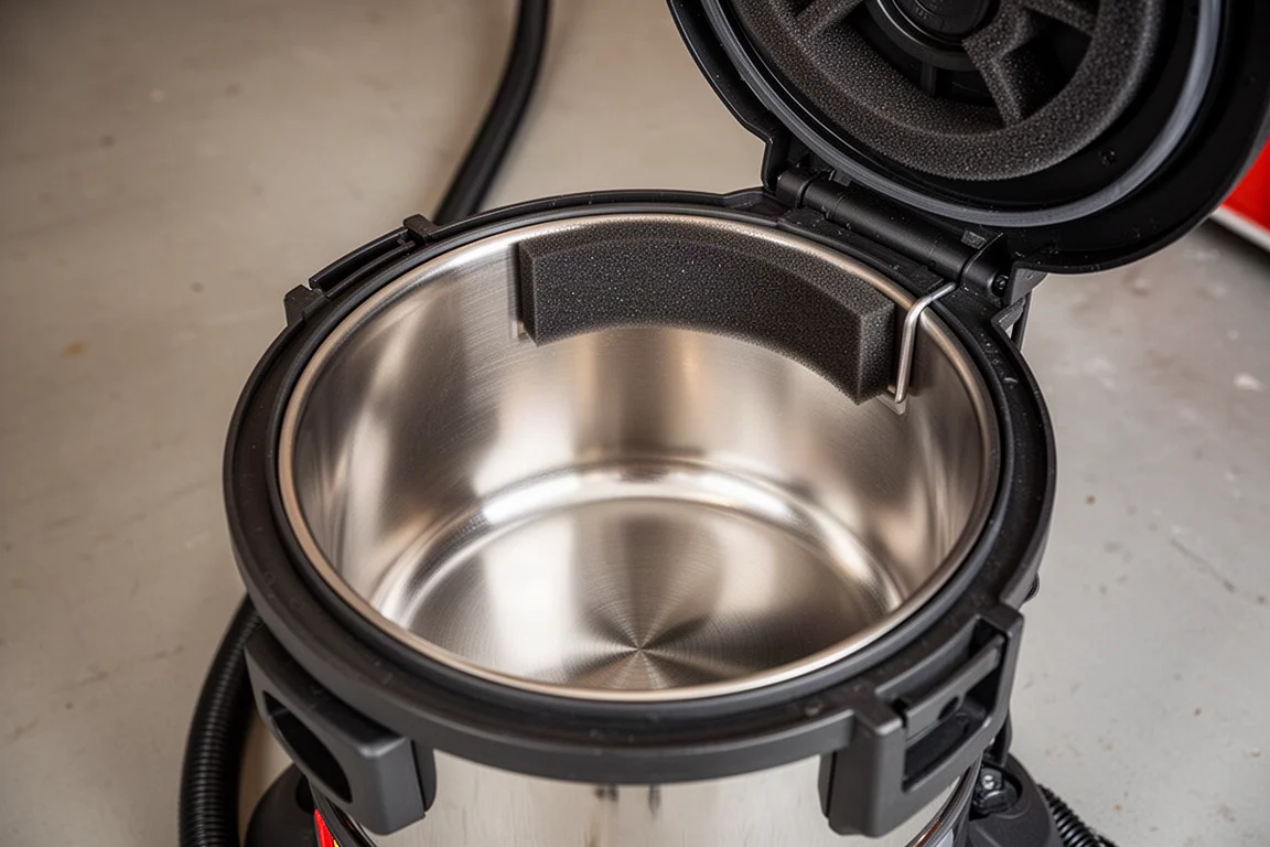 Vacuum with lid open revealing a clean stainless steel interior tub