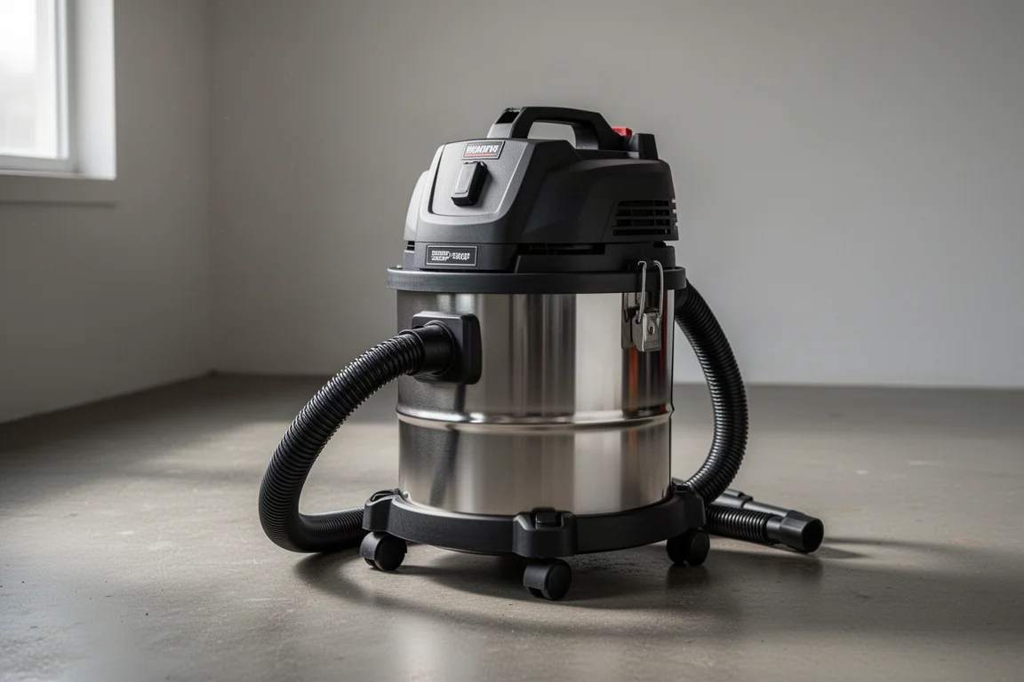 Compact stainless steel shop vacuum with hose on a concrete workshop floor
