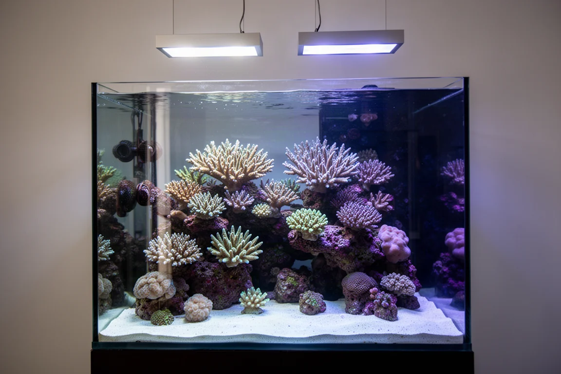 Tall reef aquarium lit from above with corals arranged by light demand