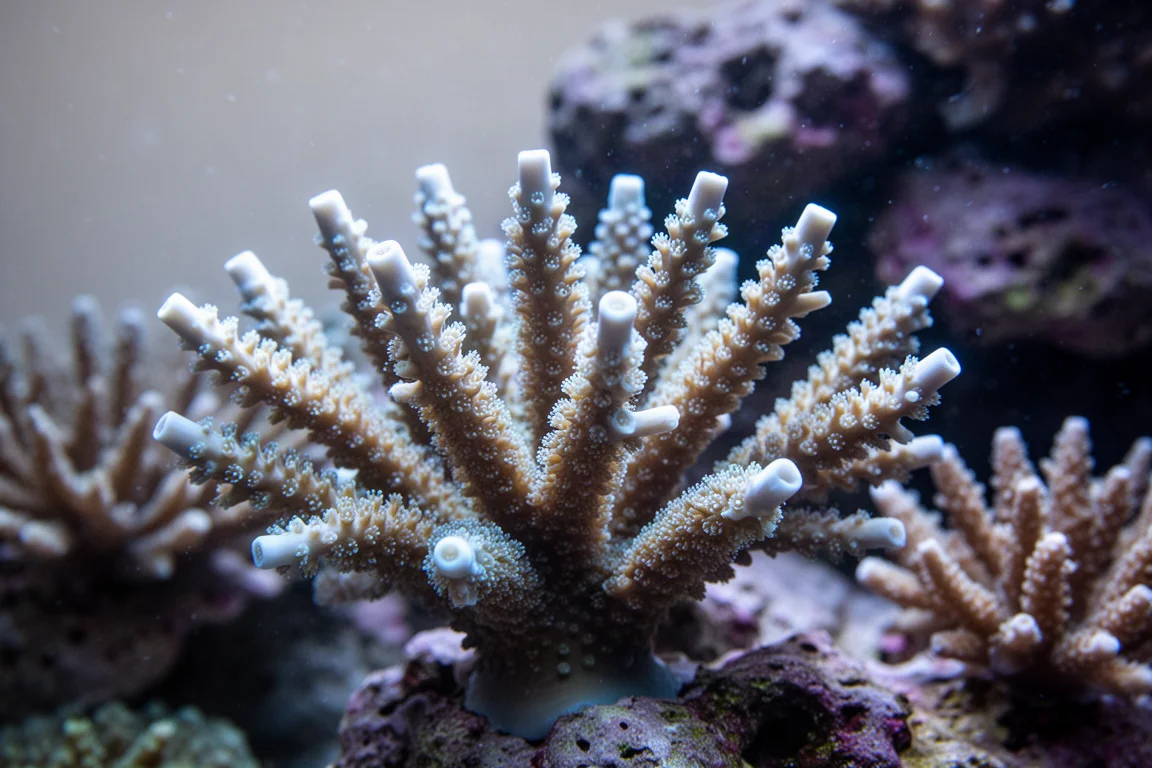 Macro view of branching stony coral polyps under bright reef lighting