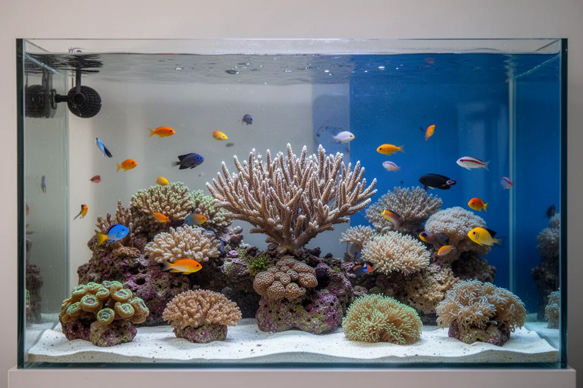 Mixed reef aquarium with fish and corals under balanced daylight lighting