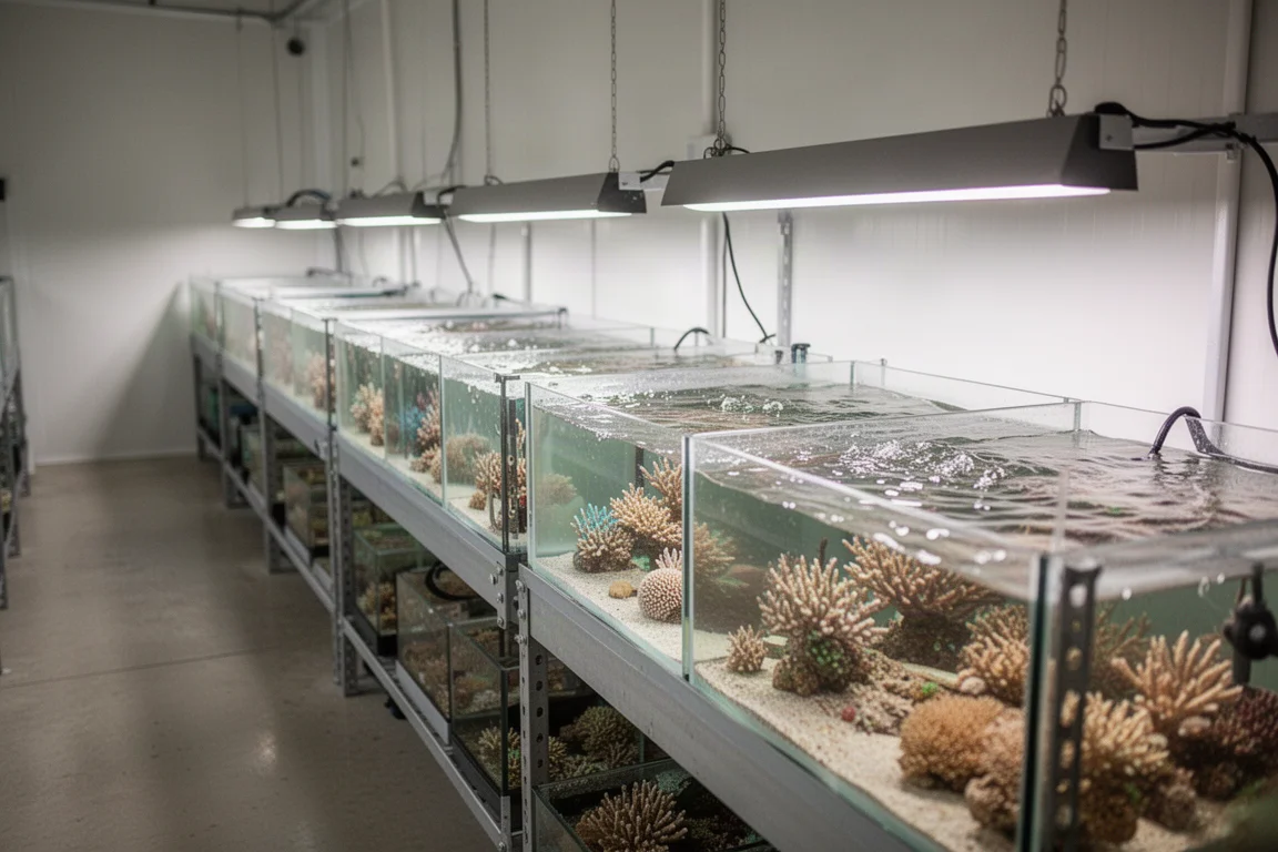 Row of shallow coral grow-out tanks lit by slim fixtures on a rack