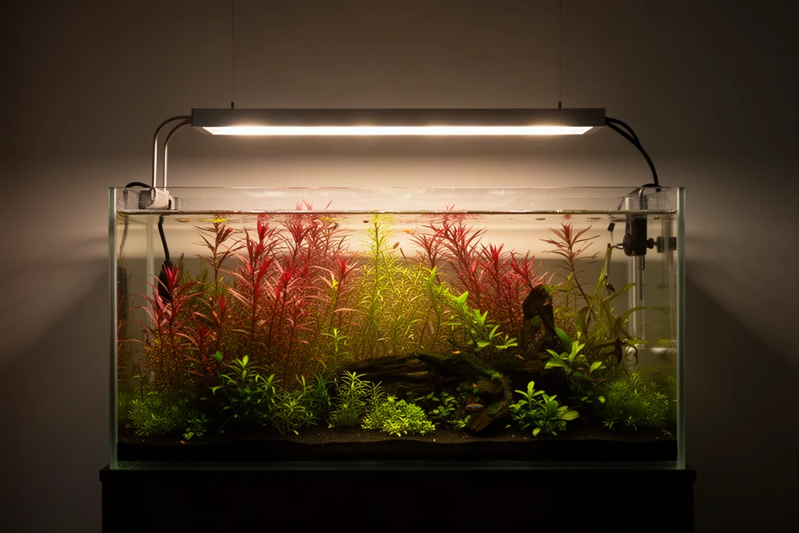 Planted freshwater aquarium glowing under a slim overhead LED fixture